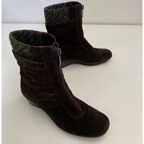Aquatalia Brown Ankle Boot Wedge Heel Front Zip Suede Knit Cuff Waterpro… - Picture 6 of 8